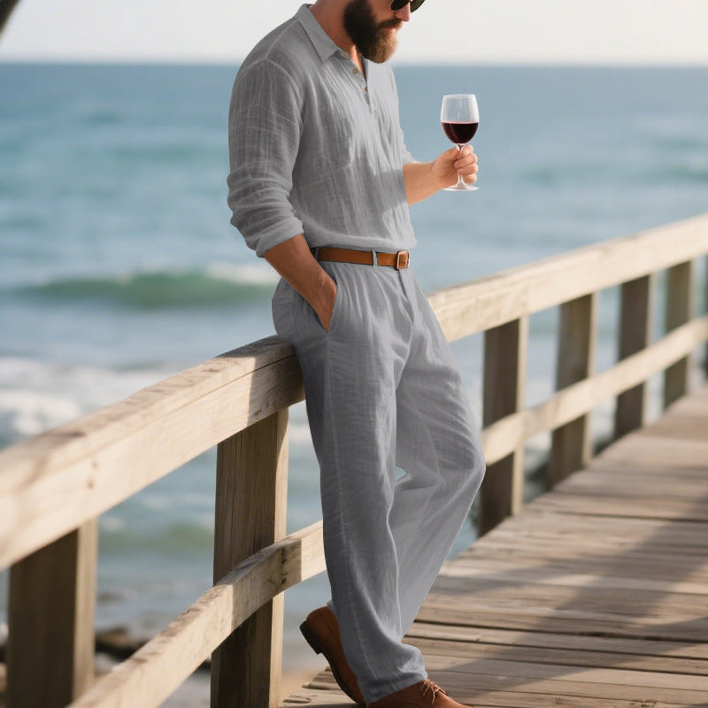 Men's Linen POLO Long-sleeved Trousers Casual Suit Solid Color Two-piece Set
